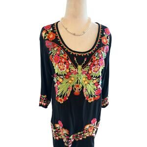 Durga Black Embroidered Butterfly Floral Tunic - M/L